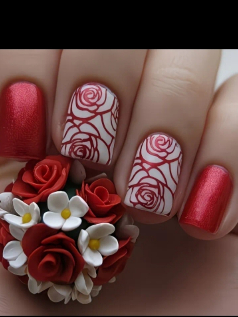 🔥3/$21 Red and White Rose Press On Nail Set